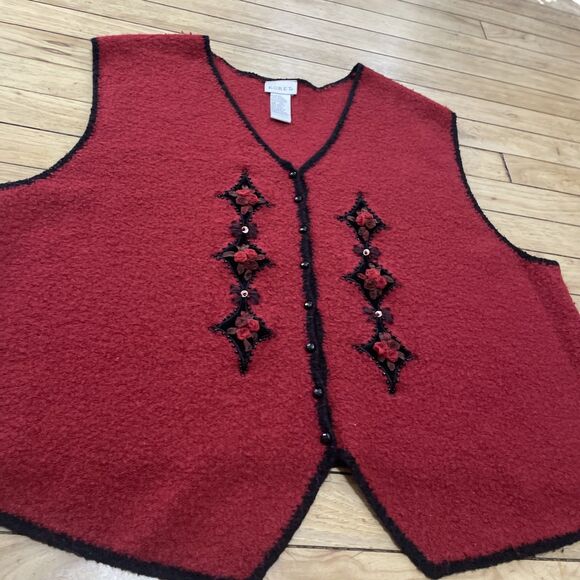 Koret Vtg 90s Wool Sweater Vest Women 2X Red 3D Art Floral Beaded Button Knit - Picture 13 of 16
